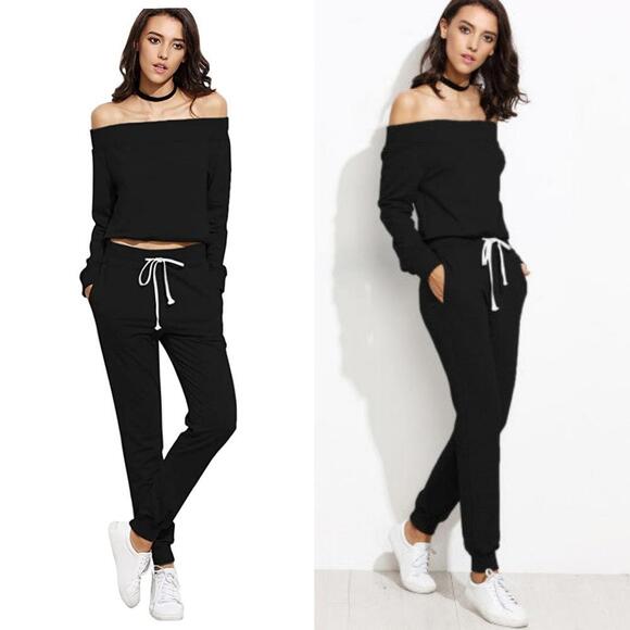 Pants - Two Piece Off Shoulder Crop Top and Sweat Pant Set Sport Tracksuit Black XL